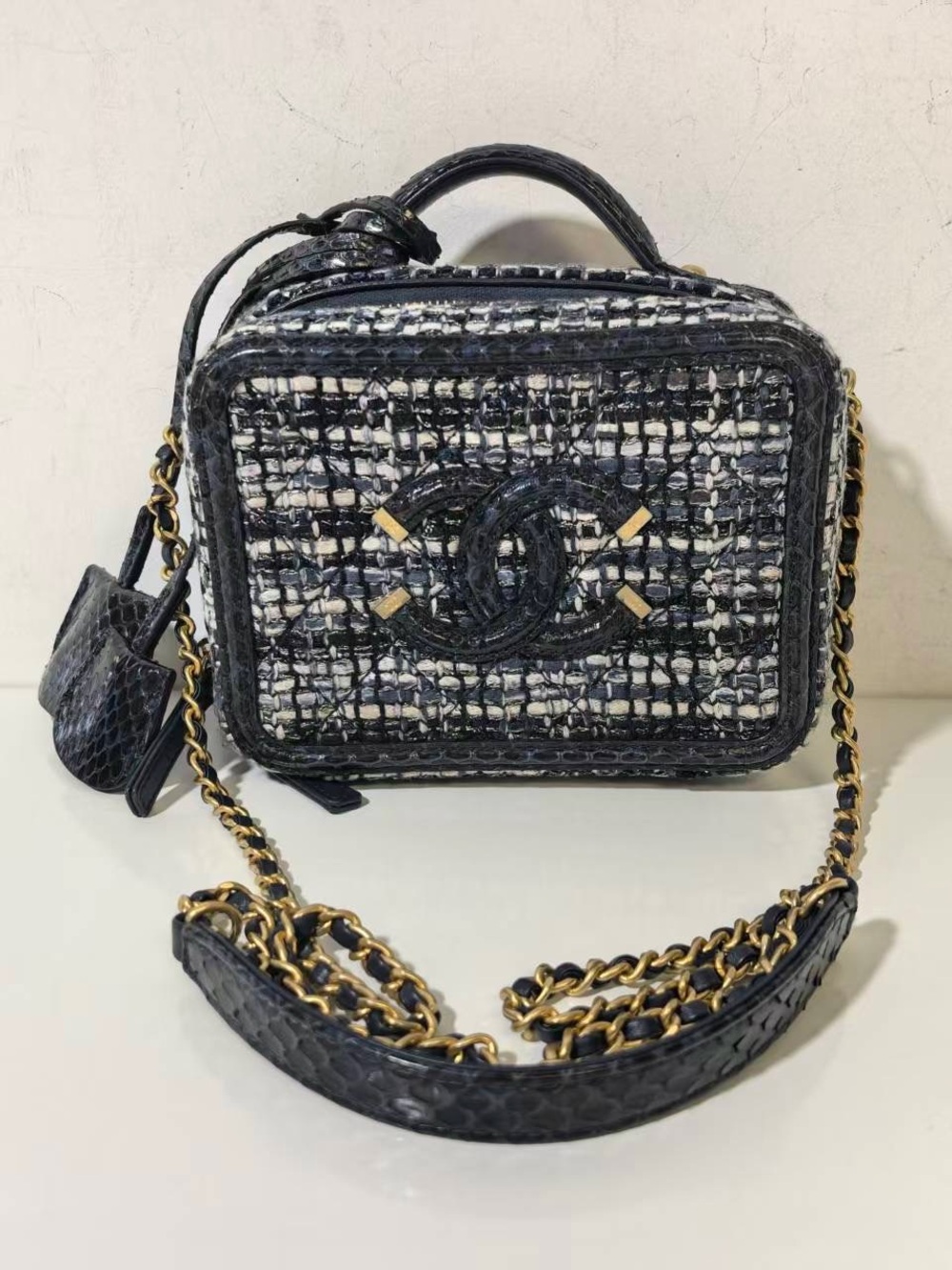 CHANEL Black and White Tweed Vanity Crossbody with Gold Chain